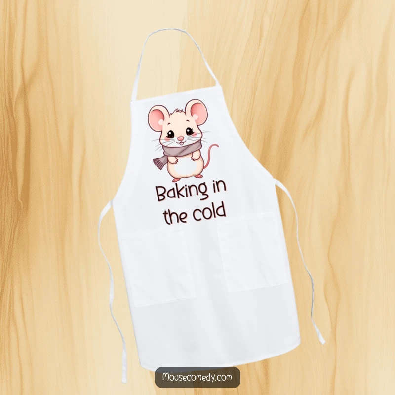 Funny kawaii mouse wearing a tiny scarf, looking chilly but happy on a cooking apron.