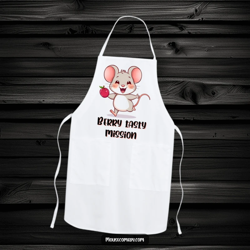Funny mouse apron featuring a cheerful mouse running with a berry, its joyful squeak adding to the kitchen fun.