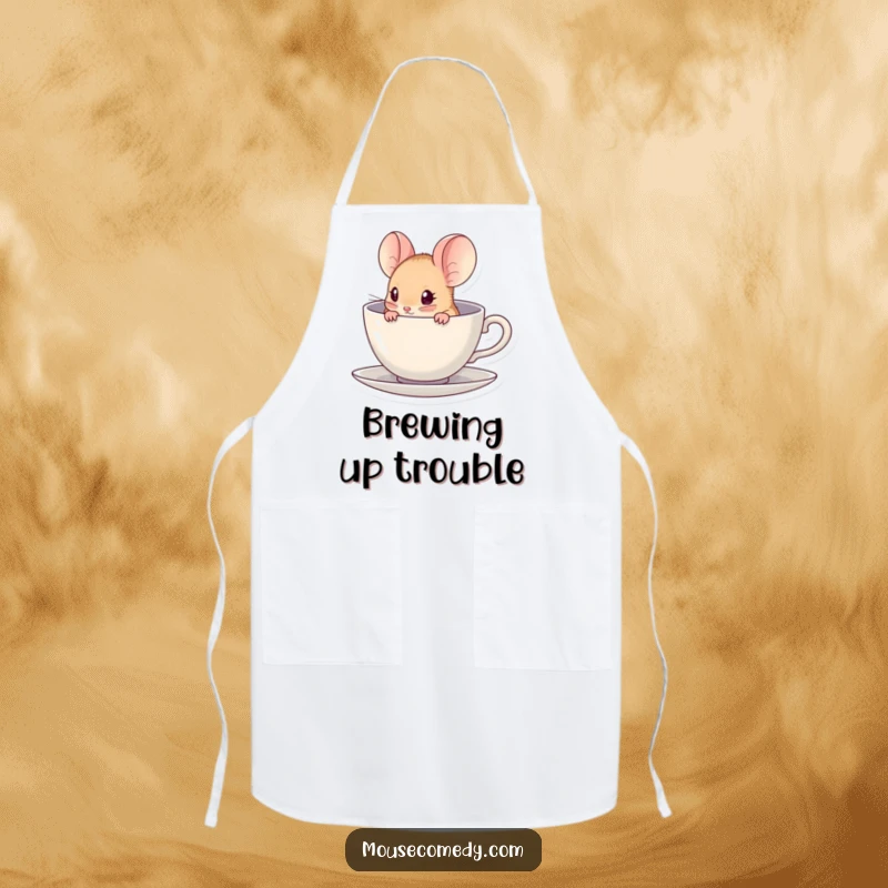 Funny kawaii mouse peeking from inside a miniature teacup on a cooking apron, bringing charm to meal prep.