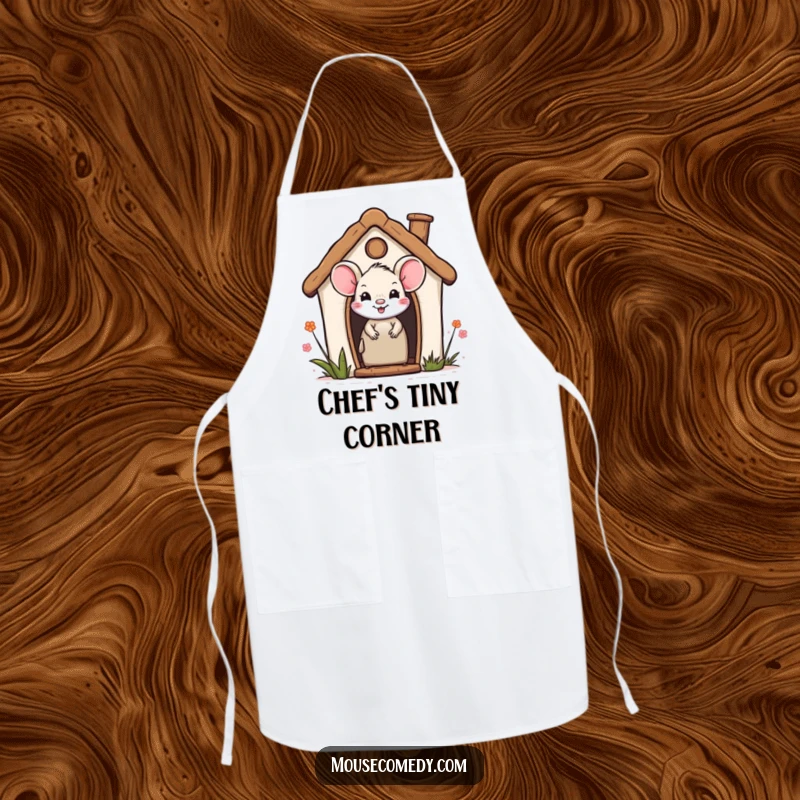 Funny apron with a smiling mouse peeking out from a miniature house, ready to assist in the kitchen with adorable curiosity.
