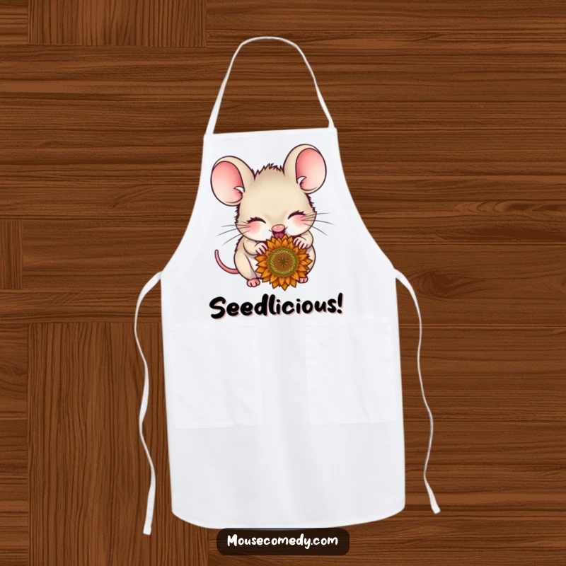Funny delighted mouse apron, with closed eyes, happily eating a sunflower seed, bringing joy to the kitchen.