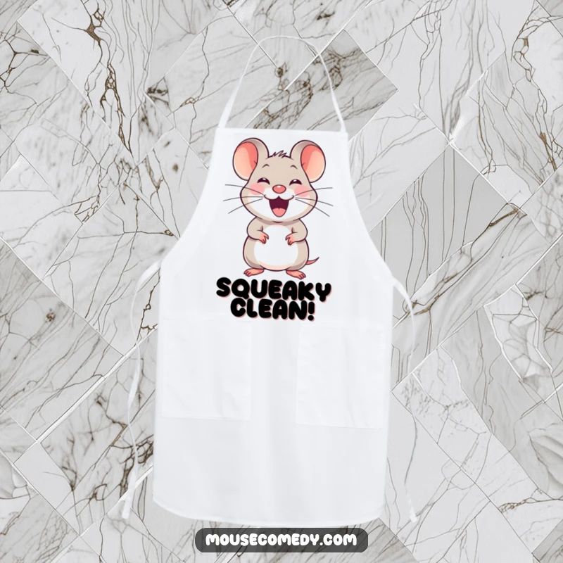 Funny joyful mouse apron, showing a small mouse with a happy squeak stretching its whiskers, perfect for kitchen fun.