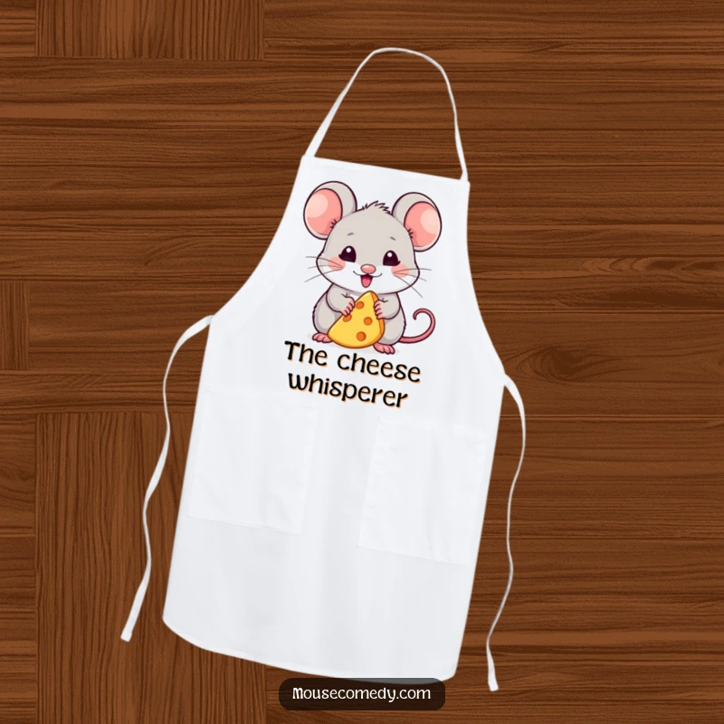 Funny apron depicting a kawaii mouse looking thrilled with a tiny cheese wedge, perfect for chefs who love humor and delicious treats.