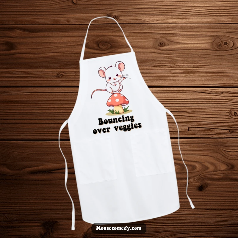 Funny kawaii mouse playfully jumping over a miniature mushroom on a cooking apron, bringing joy to meal prep.