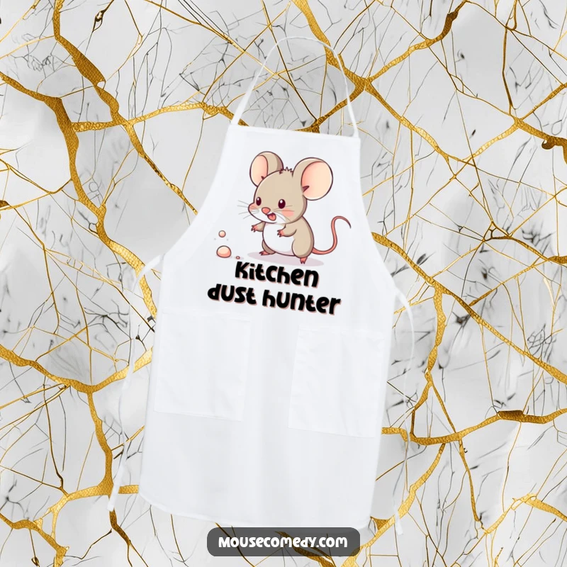 Funny kawaii mouse in pursuit of a tiny dust speck on a cooking apron, ready for kitchen battles.