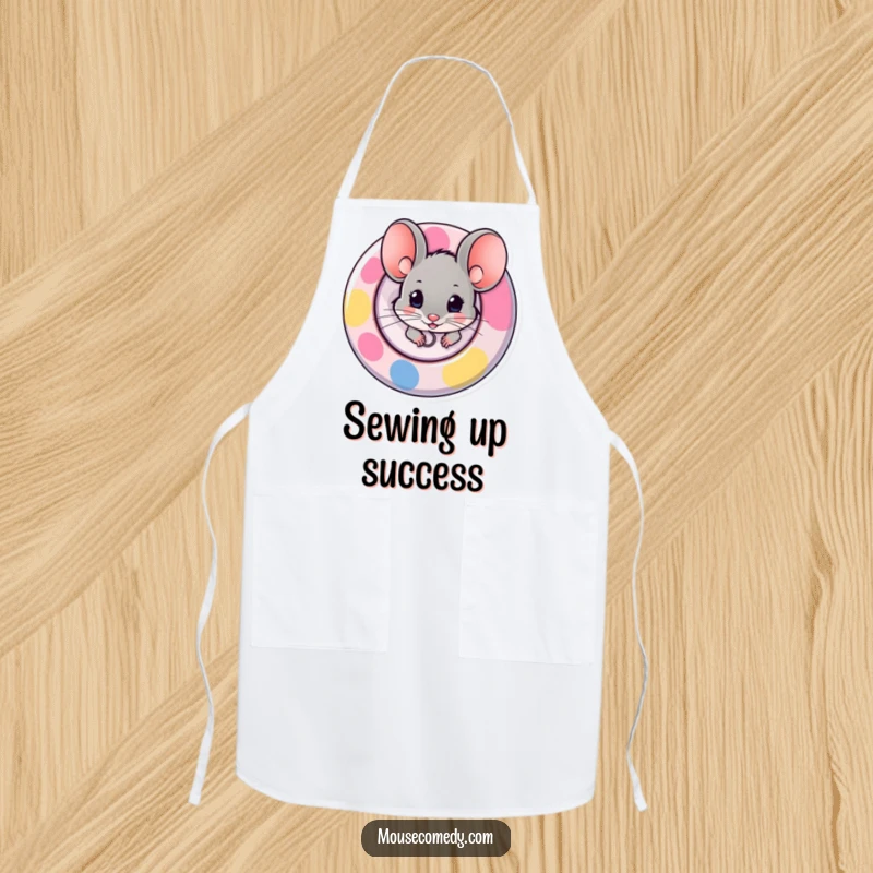 Funny apron featuring a mouse peeking out from behind a large, colorful button, perfect for adding fun to kitchen tasks.