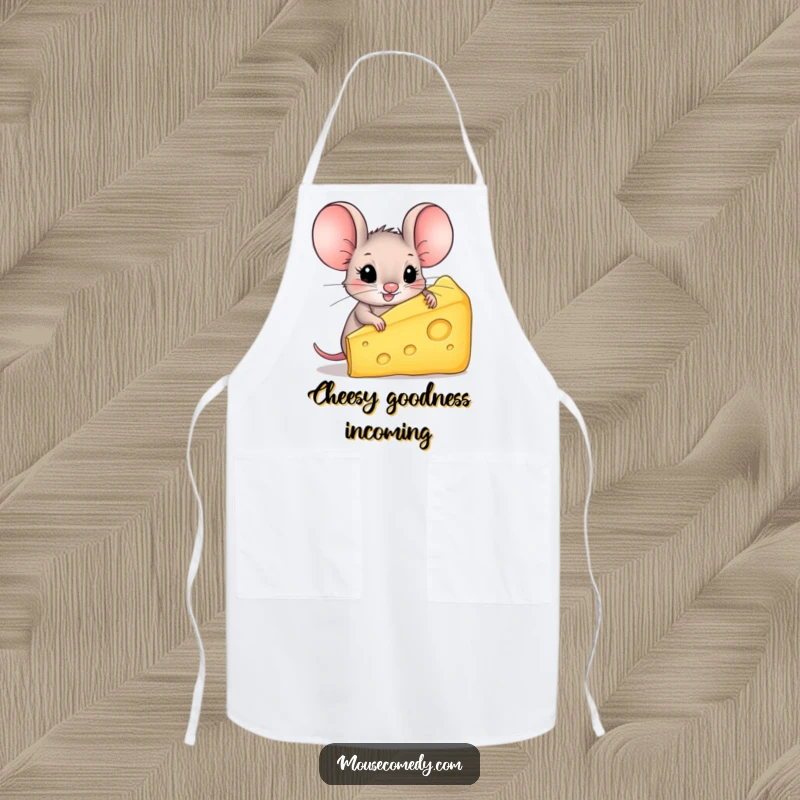 Funny Mouse Apron: A happy mouse with oversized ears proudly displays a giant piece of cheese, ready to cook.