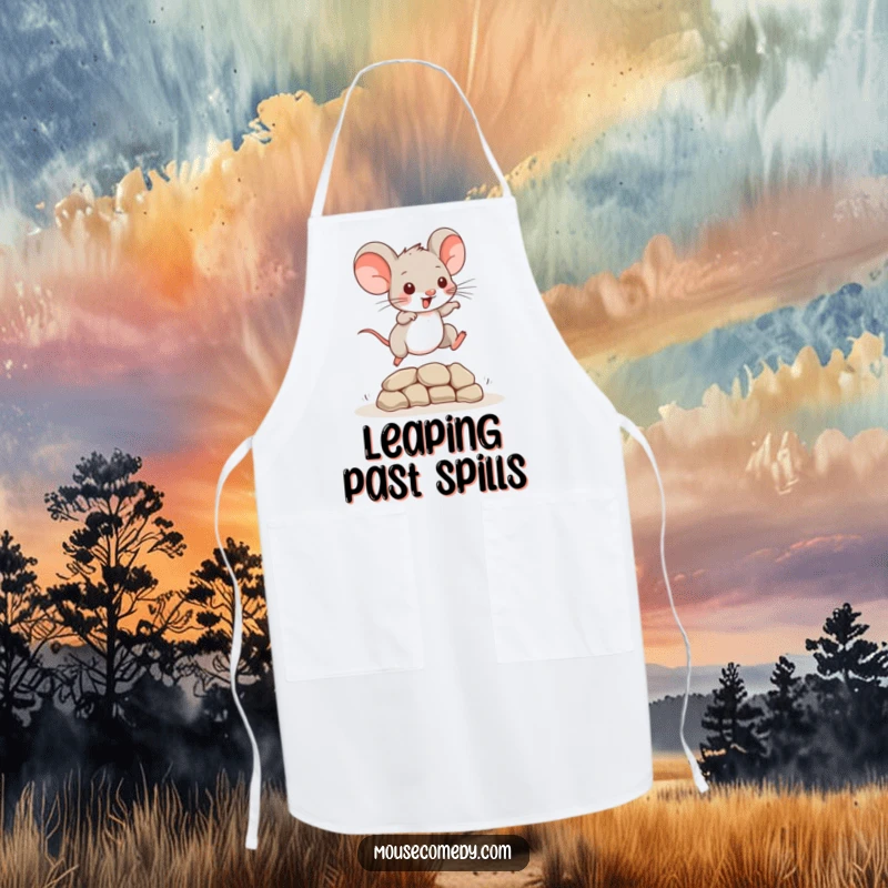 Funny Mouse Apron: A playful mouse leaping over an obstacle, adding humor and energy to cooking.
