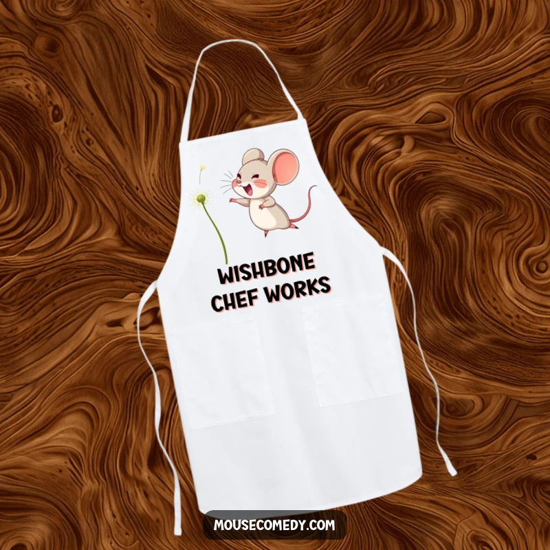 Funny apron with a joyful mouse leaping to catch a floating dandelion seed, perfect for the hopeful cook who dreams big.