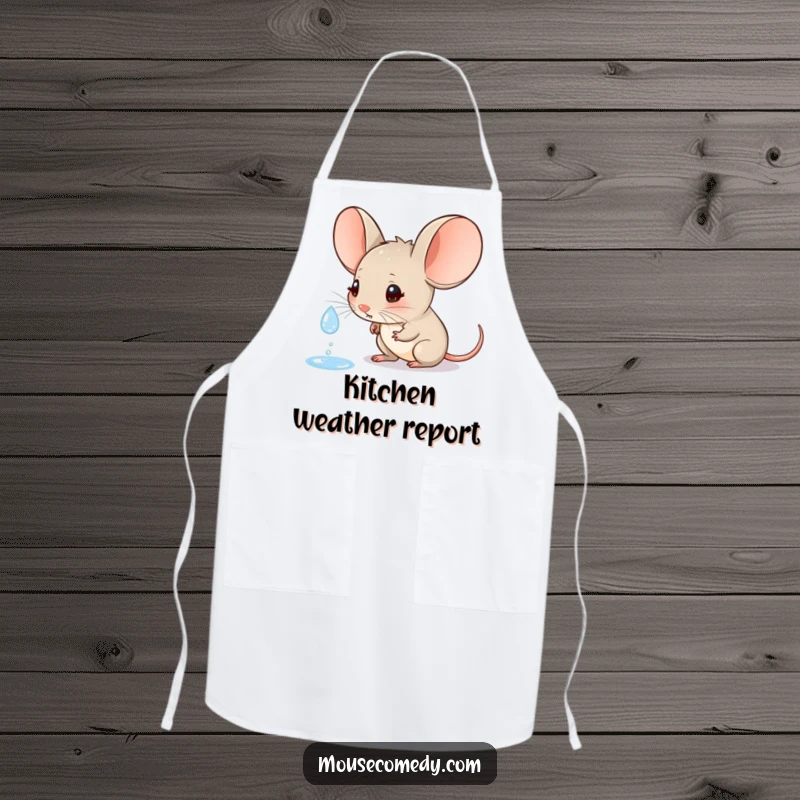 Funny apron with a large-eared mouse curiously watching a raindrop, perfect for the thoughtful cook who enjoys quiet kitchen moments.