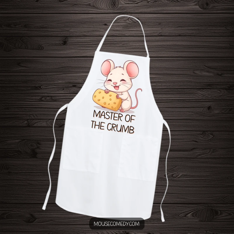 Funny Mouse Apron: A joyful mouse with twitching whiskers holds a large crumb, adding humor to cooking.