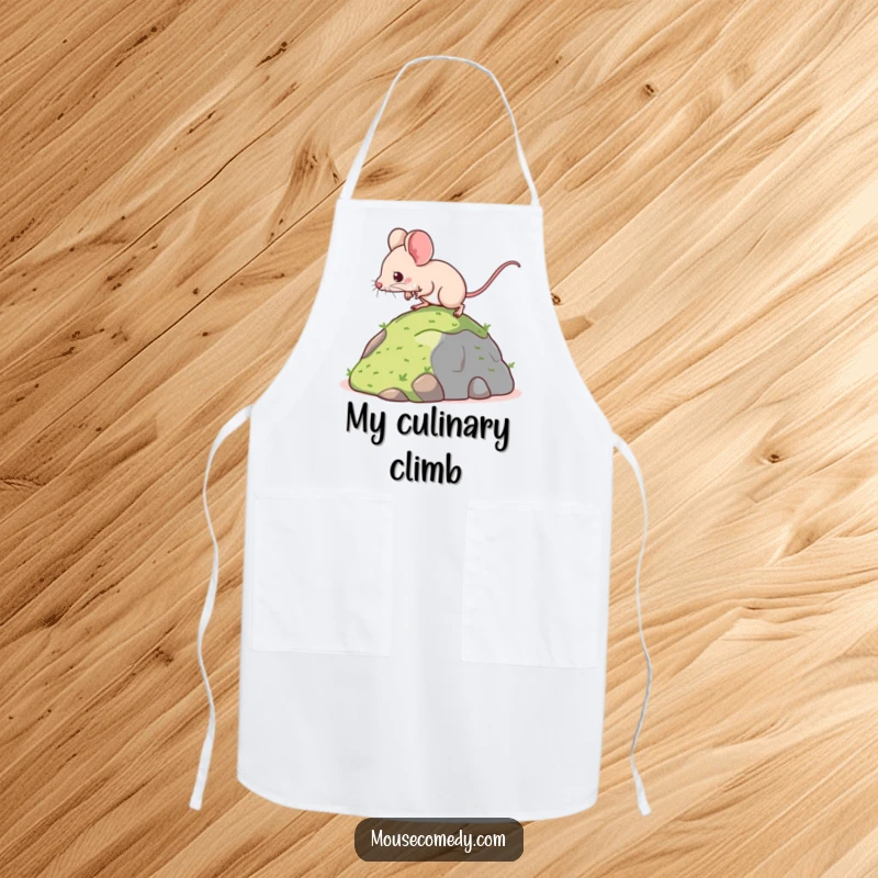 Funny apron with a determined kawaii mouse climbing a miniature hill, symbolizing determination in the kitchen and a drive for delicious success.