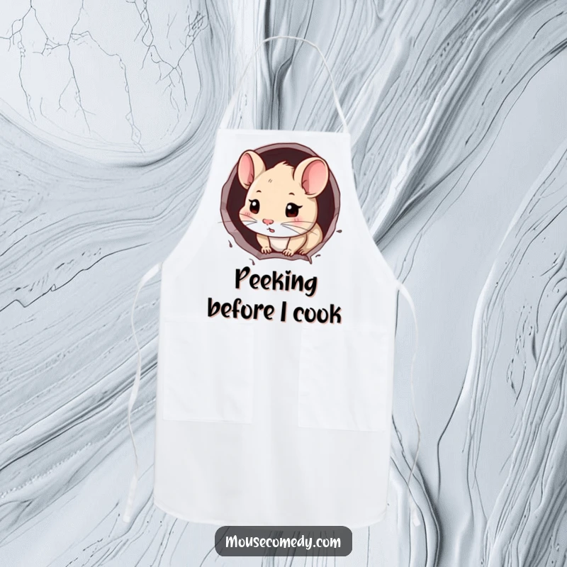 Funny Mouse Apron: A curious mouse peeking from a hole in the wall, adding humor to cooking.