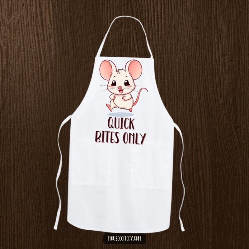 Funny apron showing a kawaii mouse with large ears, scampering quickly, designed for kitchen fun and a touch of humorous culinary speed.