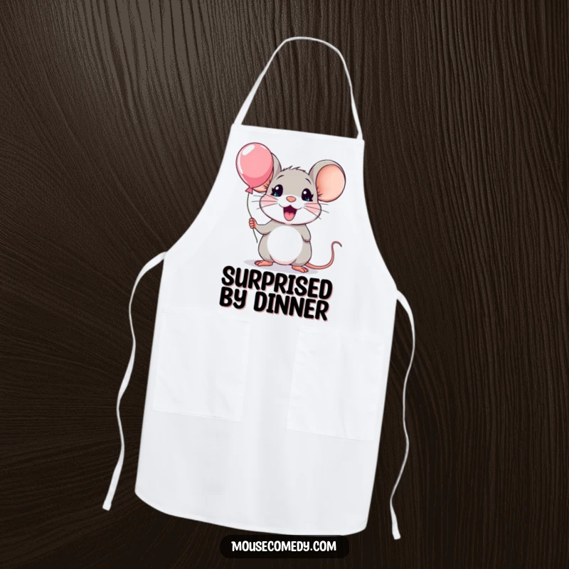 Funny kawaii mouse apron, showing a mouse with exaggerated surprise holding a minuscule balloon, perfect for a funny cooking session.