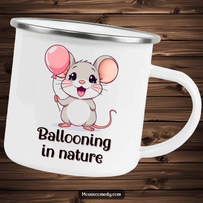 Funny kawaii mouse camping mug, showing a mouse with exaggerated surprise holding a tiny balloon, ready for outdoor fun.