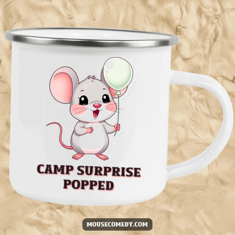 Funny kawaii mouse with exaggerated surprise, holding a small balloon, ready for camping. Sturdy and funny gift.