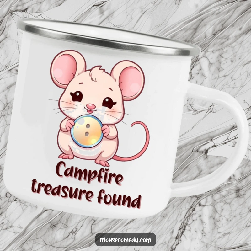 Funny camping mug with a kawaii mouse winking and offering a shiny button, perfect for adding charm to trips.