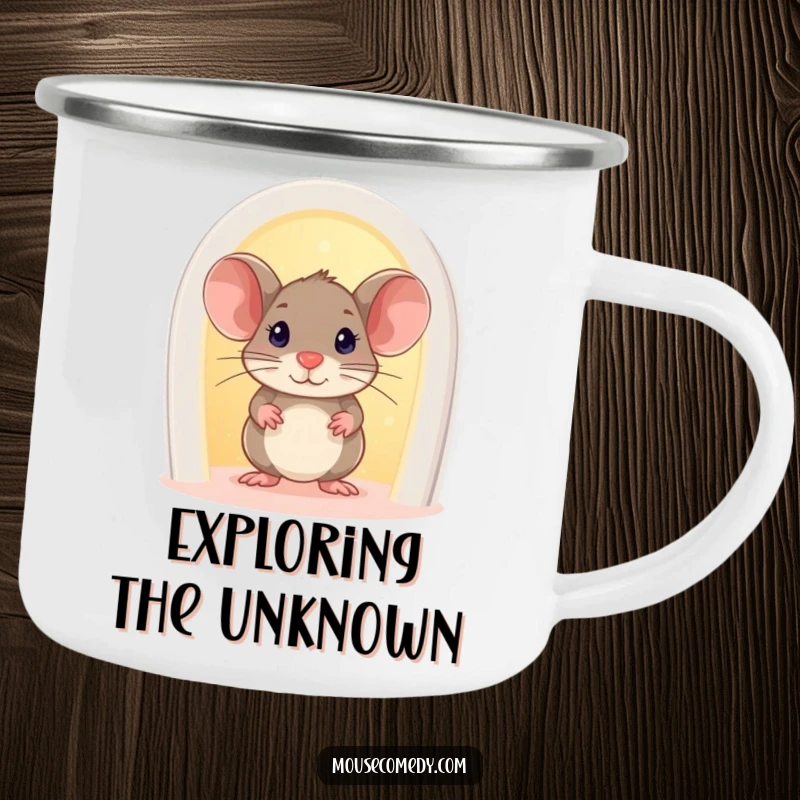 Funny Mouse Camping Mug: A curious mouse peeks from a tiny, glowing doorway, ready for outdoor exploration.