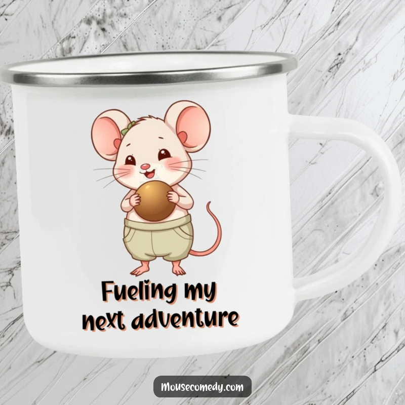 Funny Chubby Mouse Camping Mug - A happy, panting chubby mouse carrying a large seed, ready for outdoor adventures, adding humor to your camping trips.