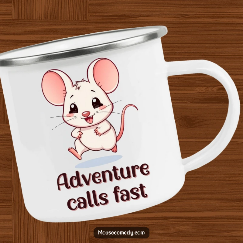 Funny camping mug with a kawaii mouse, large ears streaming back, scampering rapidly, designed for outdoor enthusiasts who love cute humor.