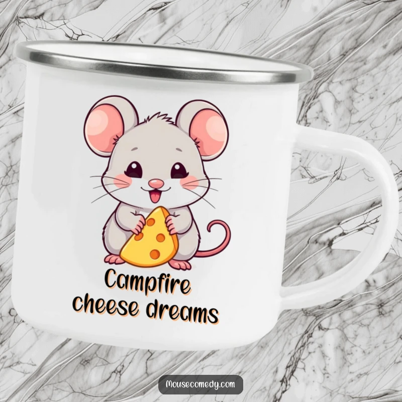 Funny camping mug featuring a kawaii mouse looking delighted with a tiny cheese wedge, perfect for enjoying drinks outdoors with a touch of humor.