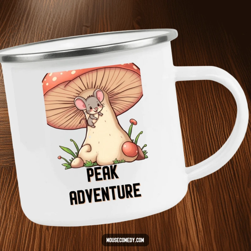 Funny tiny mouse camping mug, with a mischievous wink, climbing a giant mushroom, perfect for outdoor adventures.