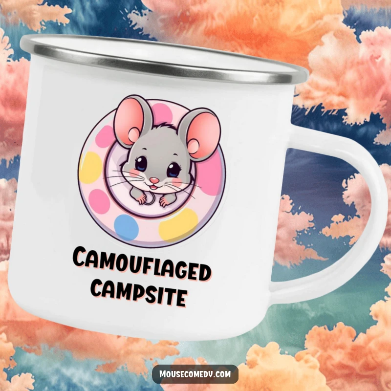 Funny camping mug showing a mouse peeking out from behind a large, colorful button, perfect for nature lovers and adventurers.