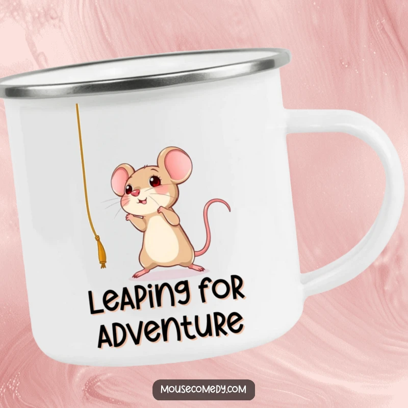 Funny mouse camping mug showing a rodent in a playful leap towards a dangling string, great for outdoor fun, a humorous funny gift.