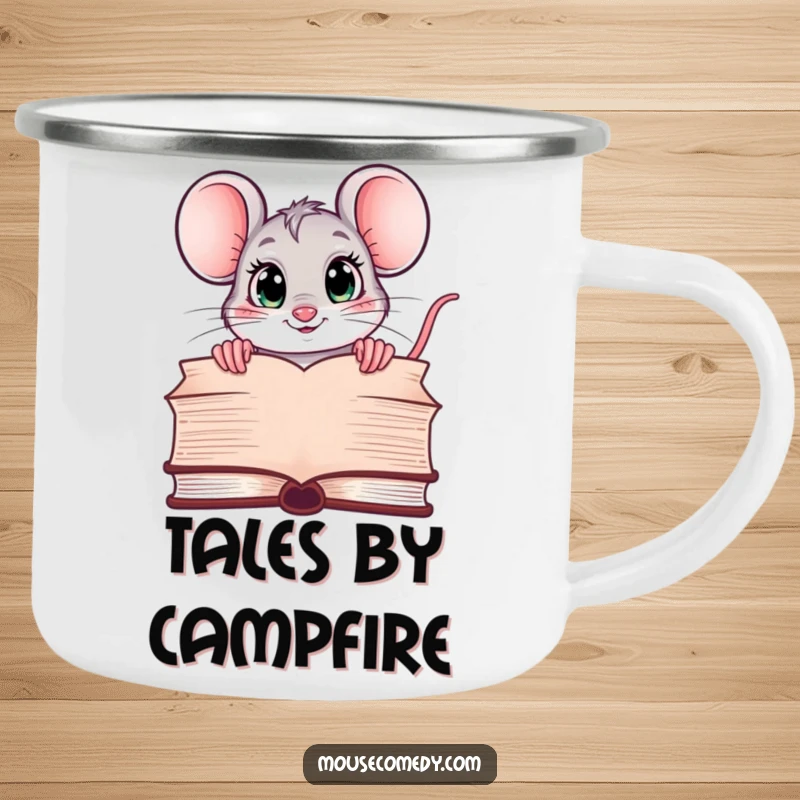 Funny camping mug with a kawaii mouse peeking curiously over a large book, ideal for enjoying drinks during outdoor reading sessions.
