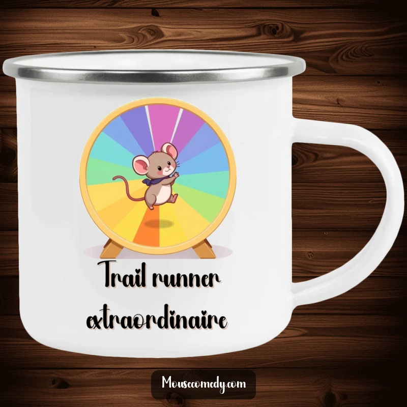 Funny Mouse Camping Mug: A playful mouse energetically runs on a giant, vibrant hamster wheel, ready for adventure.