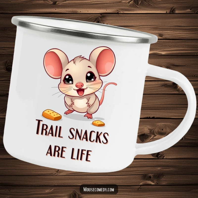 Funny Mouse Camping Mug: A delighted mouse with sparkling eyes chases a bouncing crumb, ready for adventure.