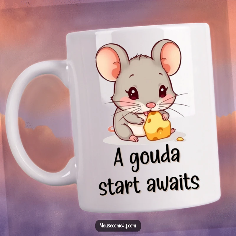 Funny mug with a cute mouse happily nibbling on a small piece of cheese, radiating pure joy and cheesy delight.