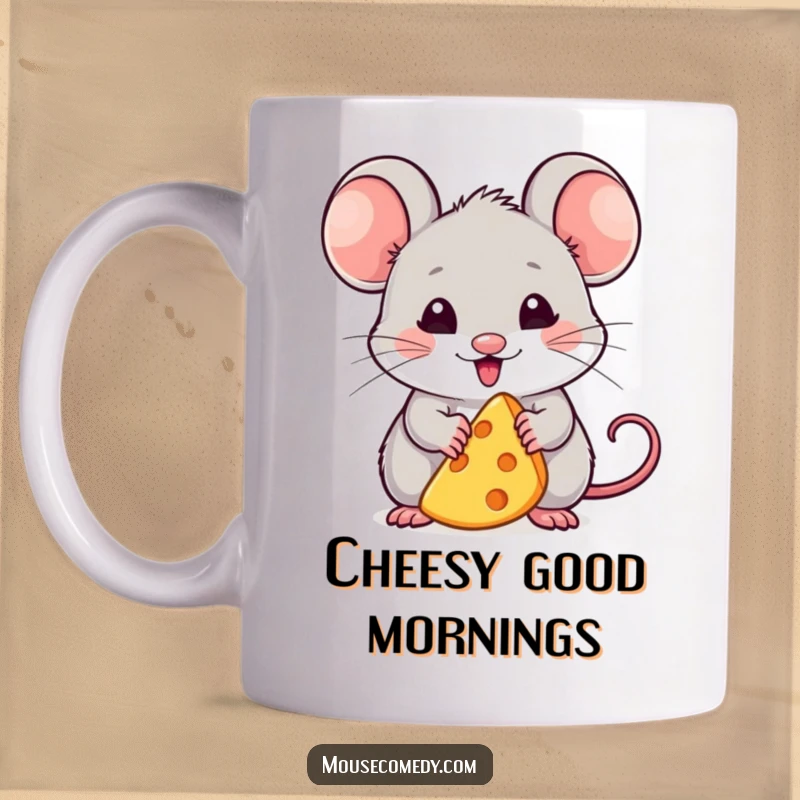 Funny mug showing a kawaii mouse with a small cheese wedge, looking extremely pleased and content, embodying cheesy happiness and cute satisfaction.