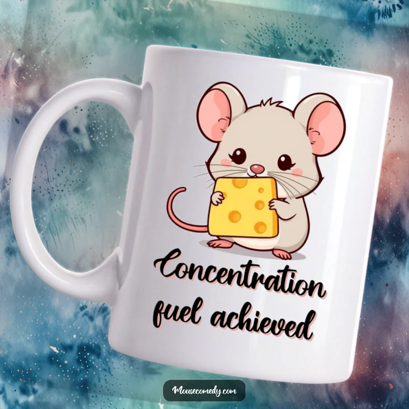 Funny kawaii mouse concentrating hard, balancing a tiny speck of cheese on its nose. Excellent funny gift for humor lovers.