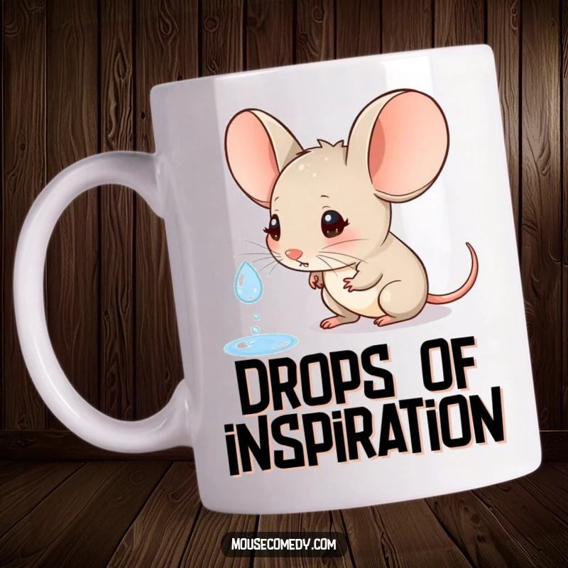 Funny mug showing a little mouse with prominent large ears, intently and curiously watching a single raindrop fall, full of wonder.
