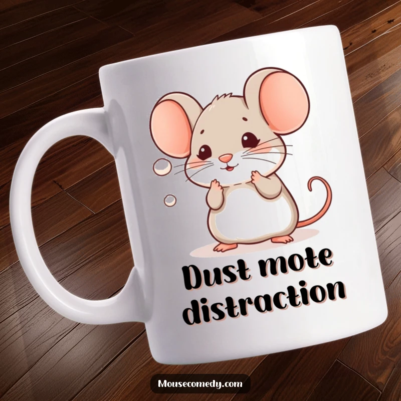 Funny Kawaii Mouse Mug: A cute mouse actively batting with its paws at a tiny, floating dust mote in the air.