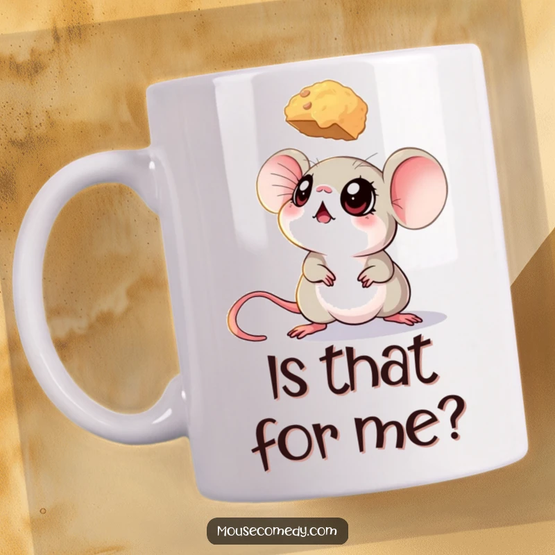 Funny mouse mug with a mouse featuring big, expressive eyes looking up in wonder at a hovering crumb.