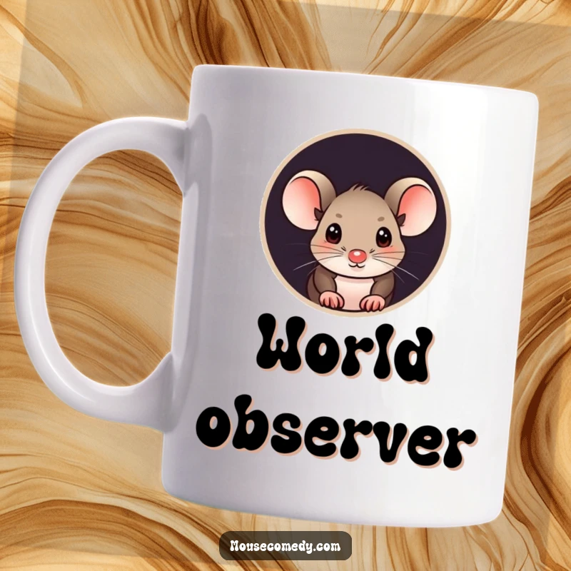 Funny mouse mug with a curious mouse peeking its head out from a perfectly round, small hole, showing big eyes.