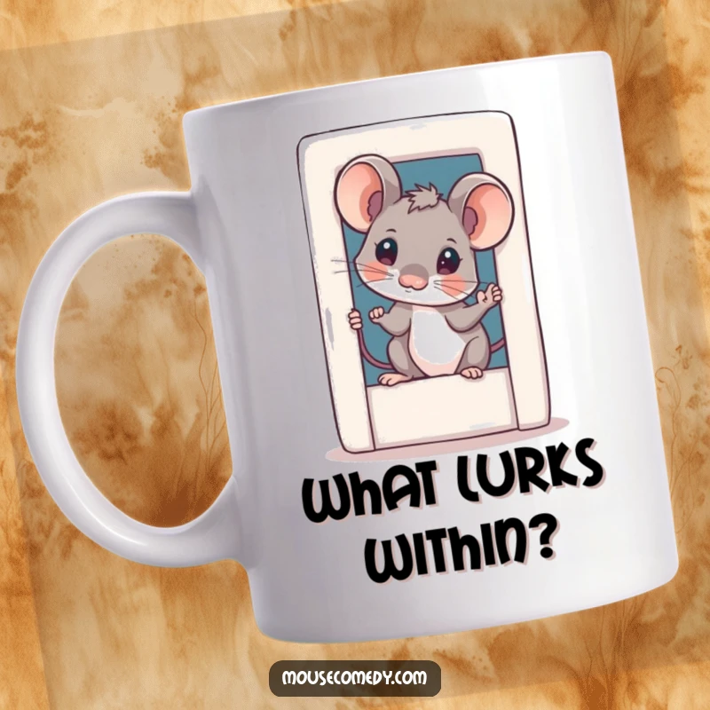 Funny mouse mug with a tilted head peeking curiously from a miniature door, showcasing its inquisitive nature and adorable charm.
