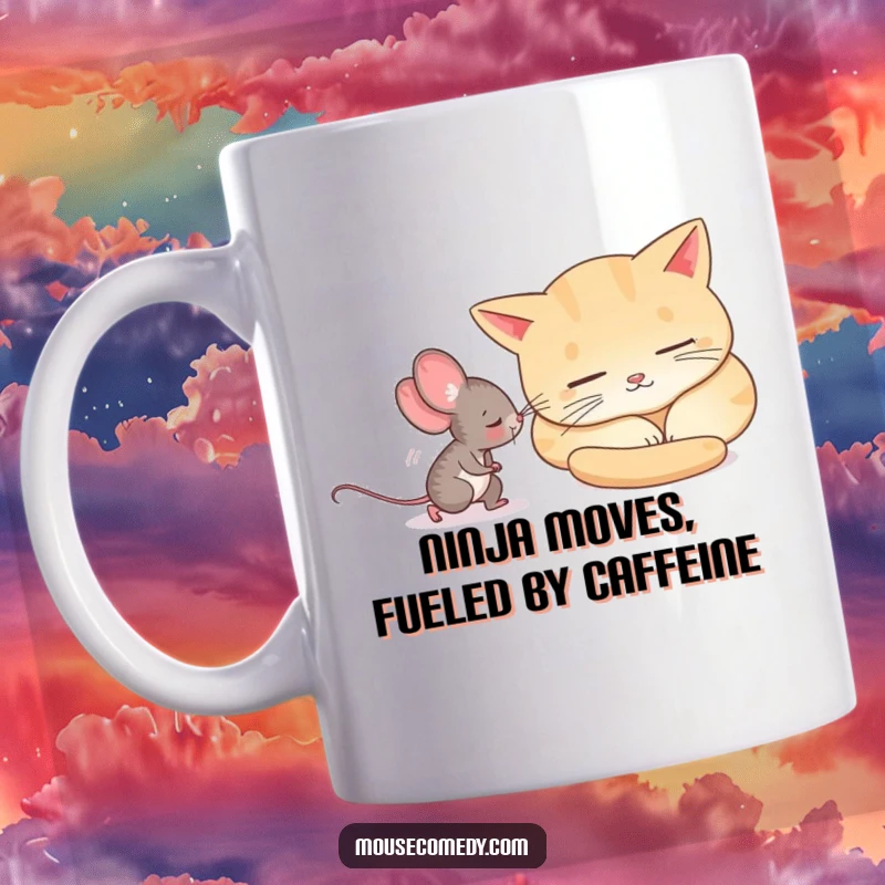 Funny mouse creeping silently past a large, sleeping cat, captured on a ceramic mug for ultimate stealthy humor.
