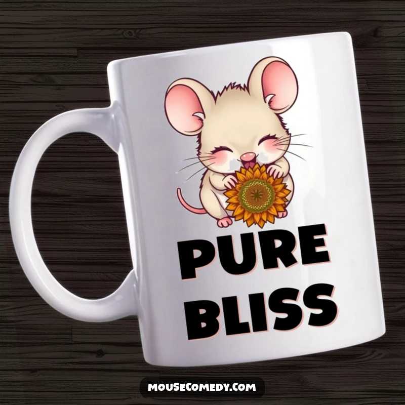Funny delighted mouse mug, with closed eyes, happily nibbling on a sunflower seed, radiating pure contentment and joy.