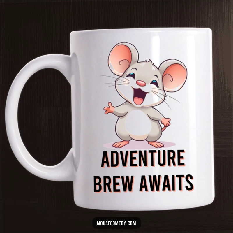 Funny mug showing an animated mouse with wide eyes and perky ears, eagerly poised to explore its environment.