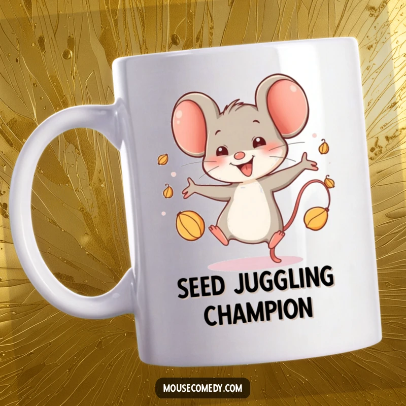 Funny Mouse Juggling Seeds Mug: A joyful mouse character gleefully juggles three small seeds, radiating pure happiness and playful energy.