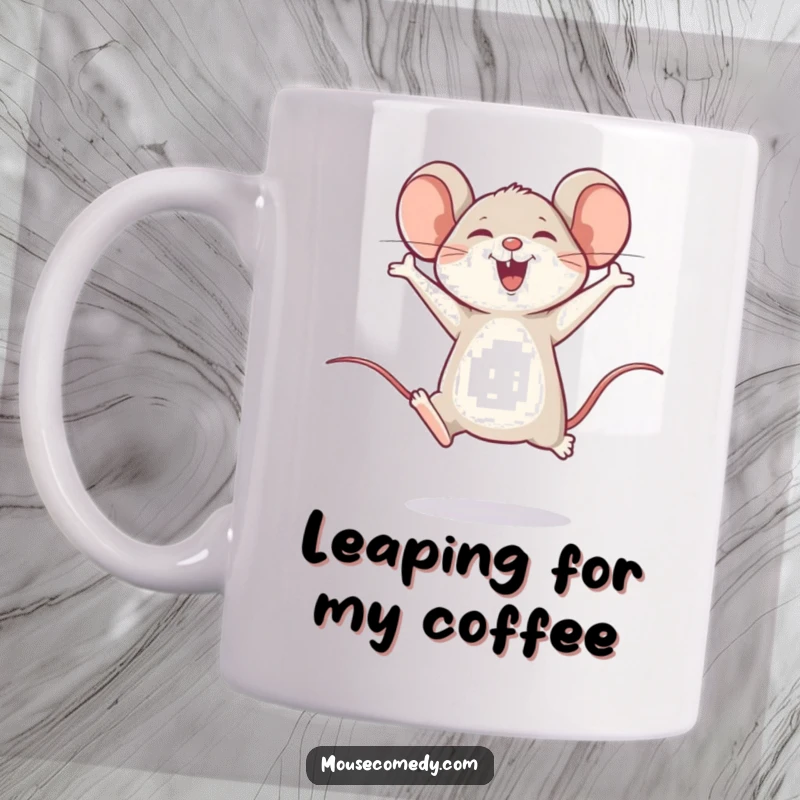 Funny mug featuring a happy mouse joyfully leaping into the air, full of playful energy and excitement.