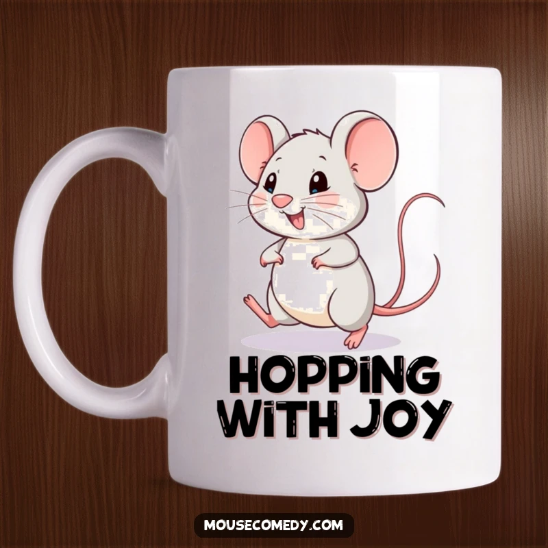 Funny mouse mug depicting a happy mouse doing a little hop with its tail wagging energetically, radiating pure joy.