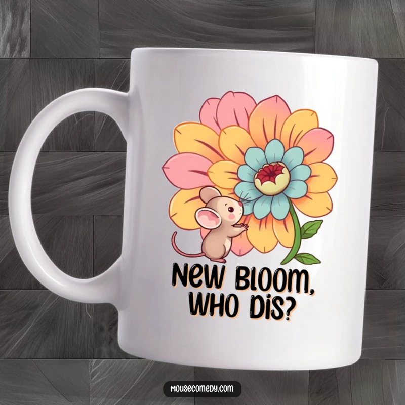 Funny kawaii mouse peeking curiously at a huge, vibrant flower, symbolizing wonder and joy on this adorable mug.