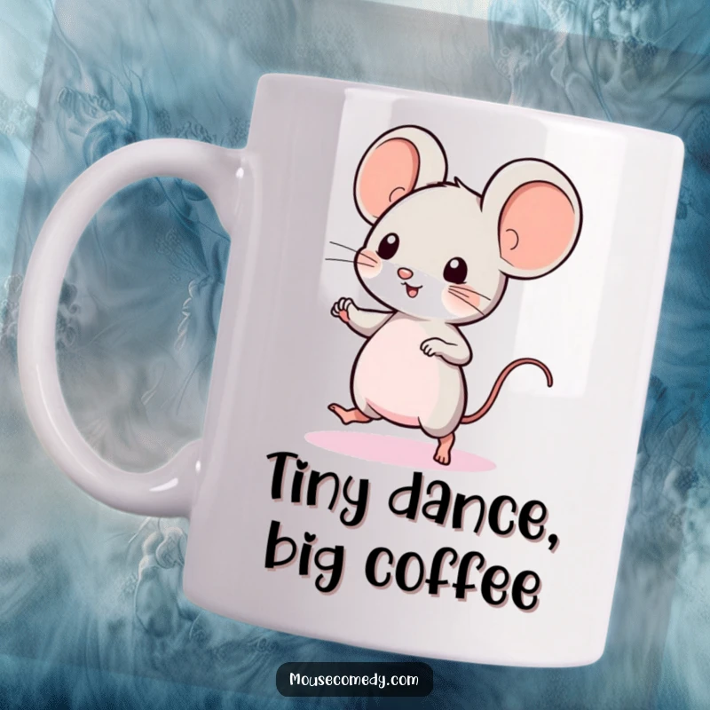 Funny Kawaii Mouse Mug: a cute mouse with big ears, doing a quick, happy dance, radiating pure delight.