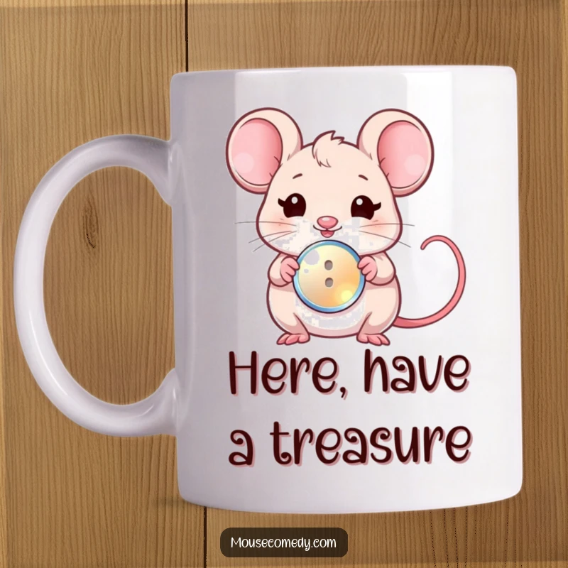 Funny kawaii mug showing a cute mouse winking as it offers a tiny, sparkling button, a gesture of friendship.