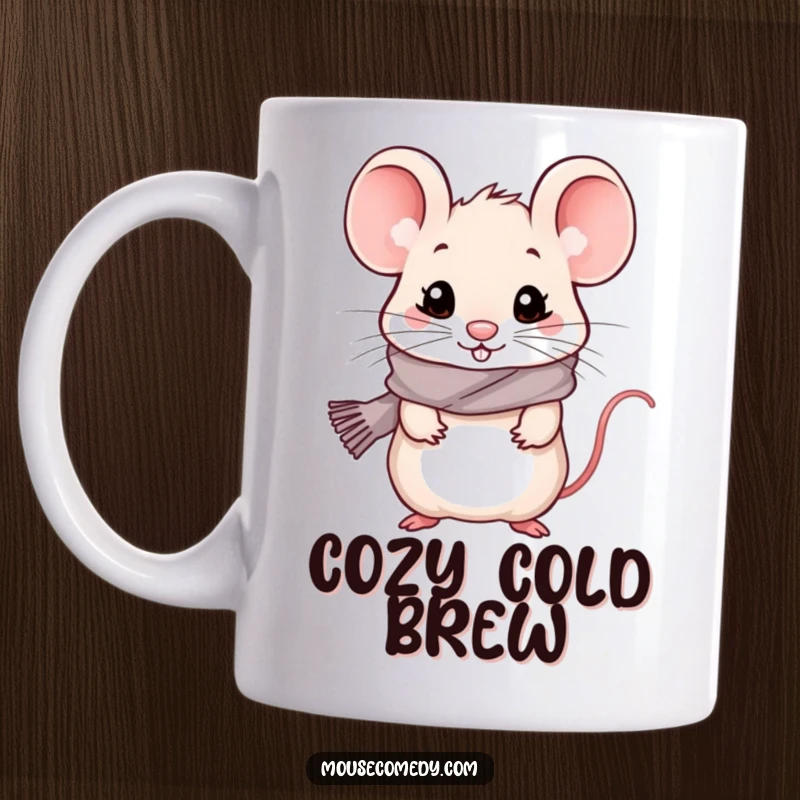 Funny kawaii mouse wearing a small, colorful scarf, looking cold but content on a ceramic mug.